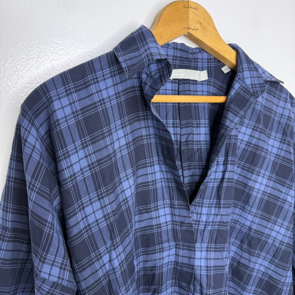 VINCE Blue Coastal Plaid Karo V Neck Cotton Tunic Top - Picture 4 of 6